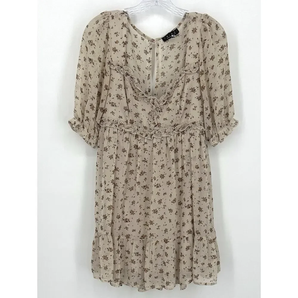 Trixxi Boho Floral Ruffle Mini Dress Beige Sheer Puff Sleeve Women’s Large - Picture 1 of 13